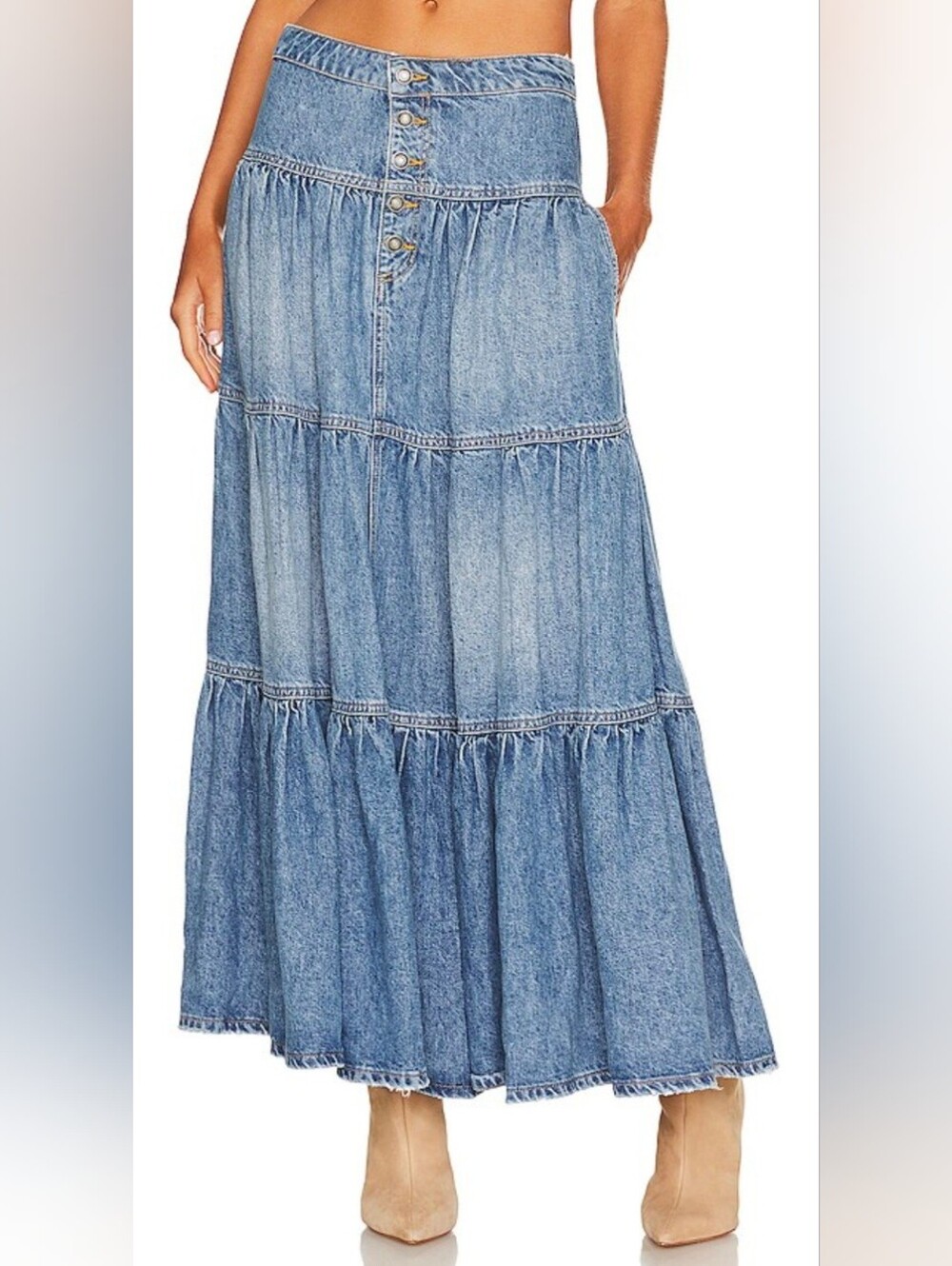 We The Free Denim Tiered Maxi Skirt - Blue